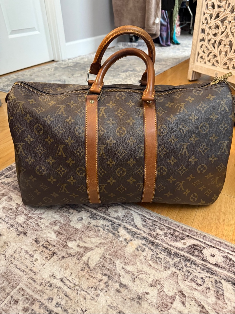 Louis Vuitton Brown Monogram Duffel Bag with Natural Leather Trim